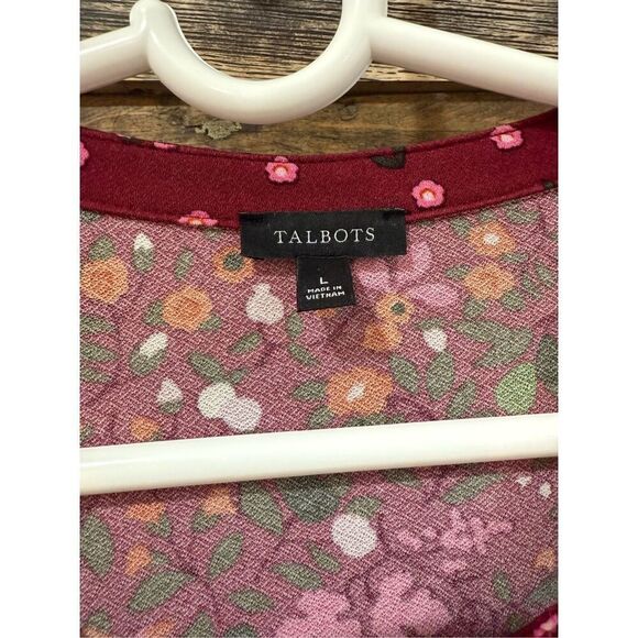 Talbots Womens Floral Contrast Belted Dress Long Sleeve Slit Neck Stretch Sz L - Picture 4 of 8